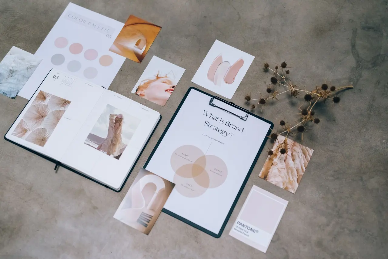 A brand strategy moodboard with color swatches and sample layouts
